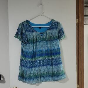 Sara Michelle Blue and Green Patterned Short-Sleeve Blouse